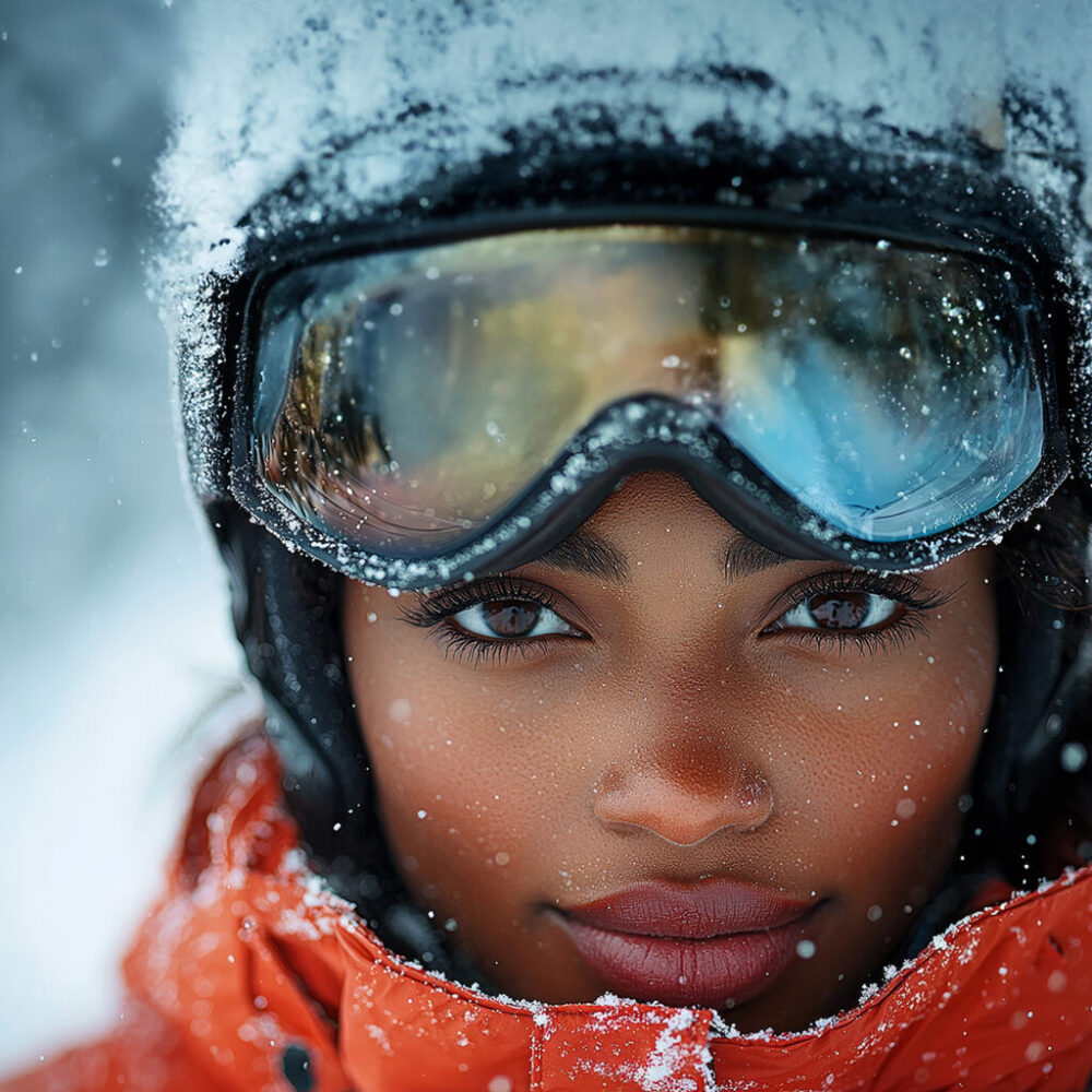 An image of a beautiful black woman girl skiing wearing a helmet