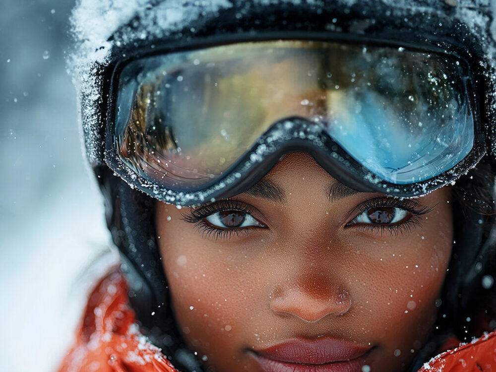 An image of a beautiful black woman girl skiing wearing a helmet