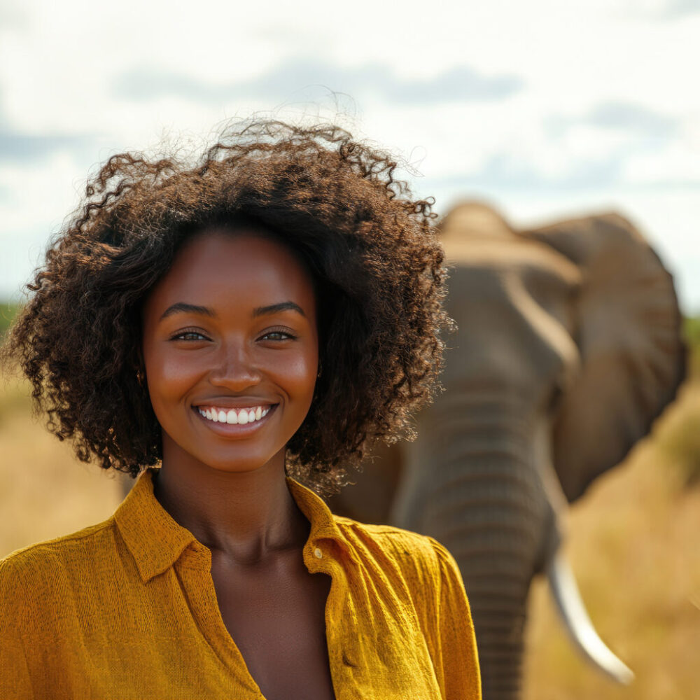 African game warden smiles warmly as an elephant peacefully strolls in the savanna at sunset, highlighting conservation work in africa. Protection of Animals and the Environment.