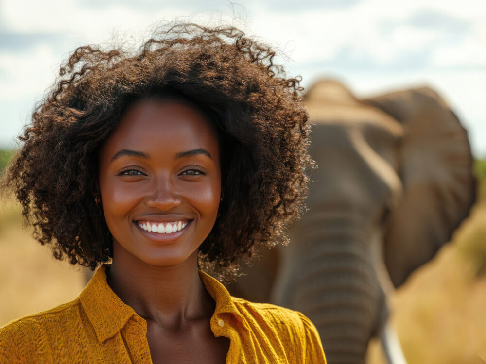 African game warden smiles warmly as an elephant peacefully strolls in the savanna at sunset, highlighting conservation work in africa. Protection of Animals and the Environment.